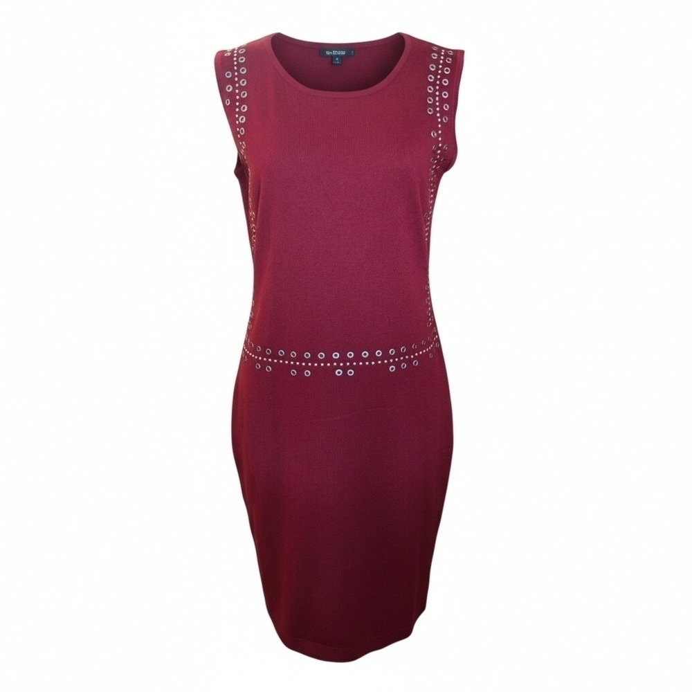 Lapis Burgundy Sleeveless Dress Women's XL Grommet Detail, Stretch Fabric Midi